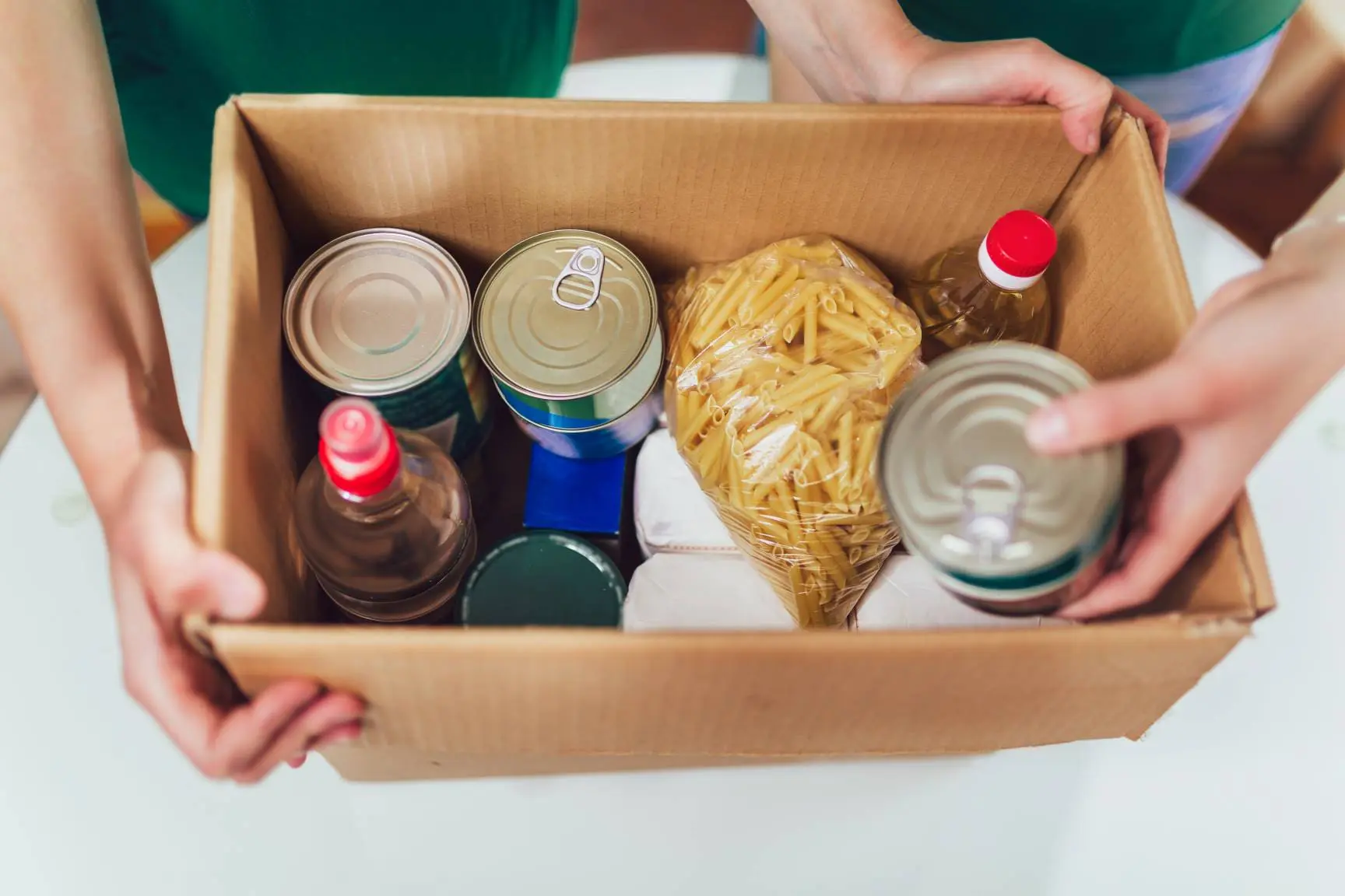 A box of goods from a food pantry. 