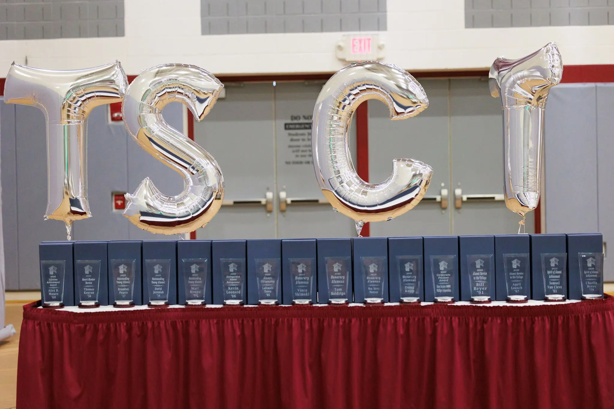 Balloon letters T S C T for Thaddeus Stevens College of Technology at an alumni awards event.