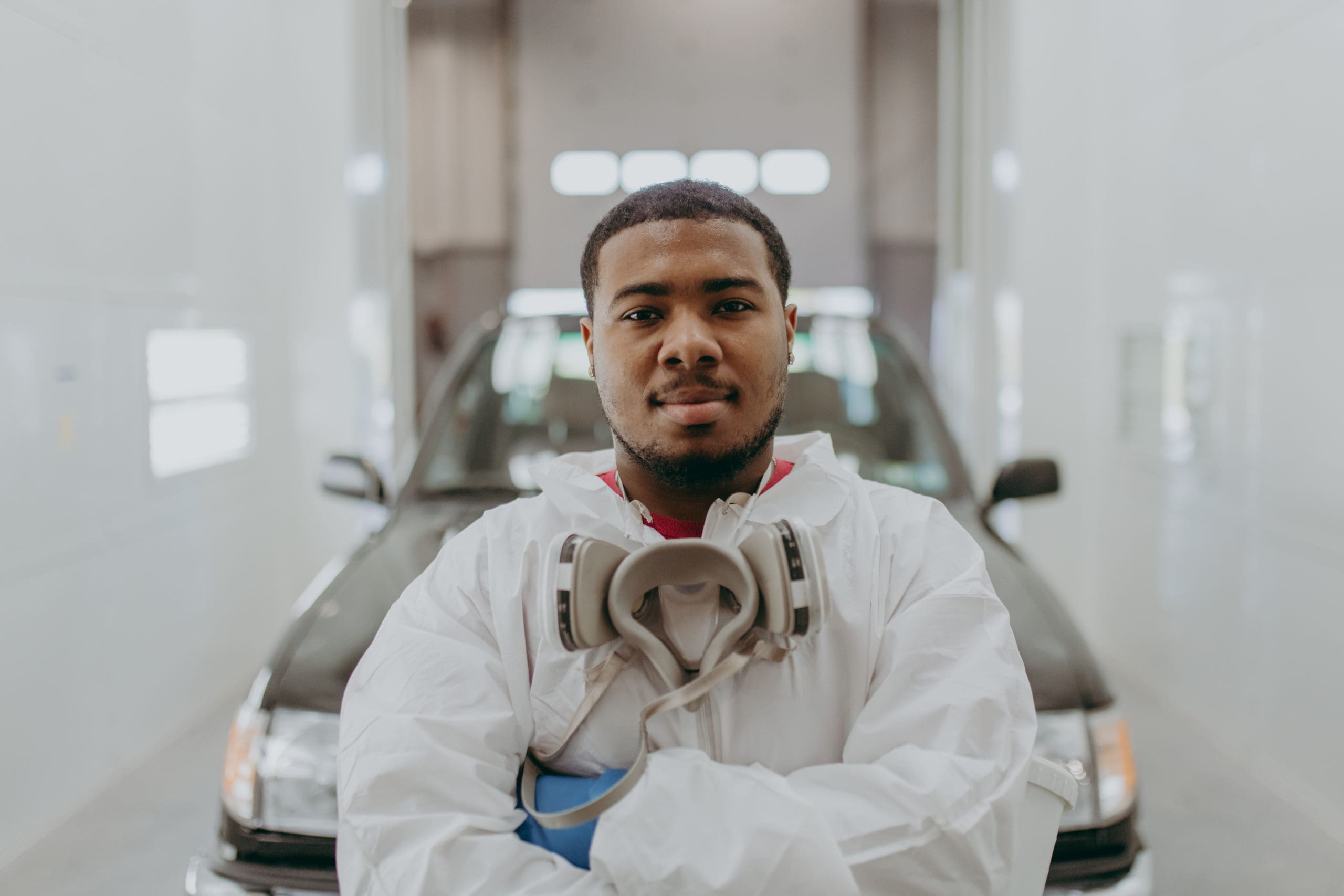 A student in the paint lab of the collision repair technology program.