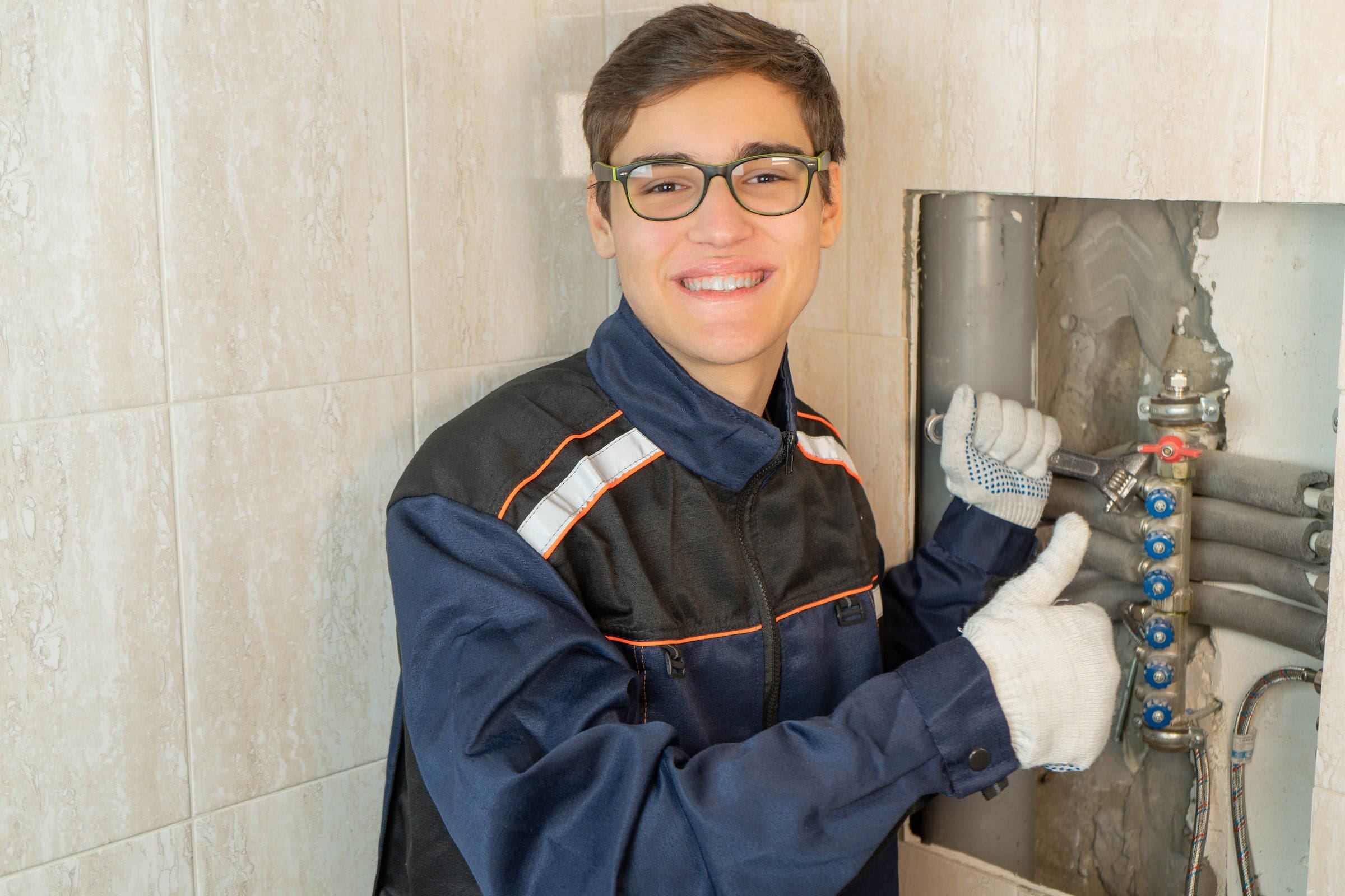 Student works on plumbing in a shower wall