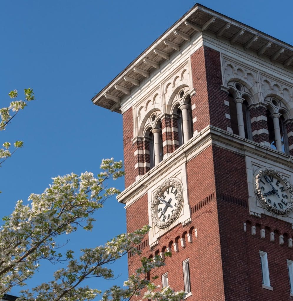 the clock tower at Mellor Hall at Thaddeus Stevens College.