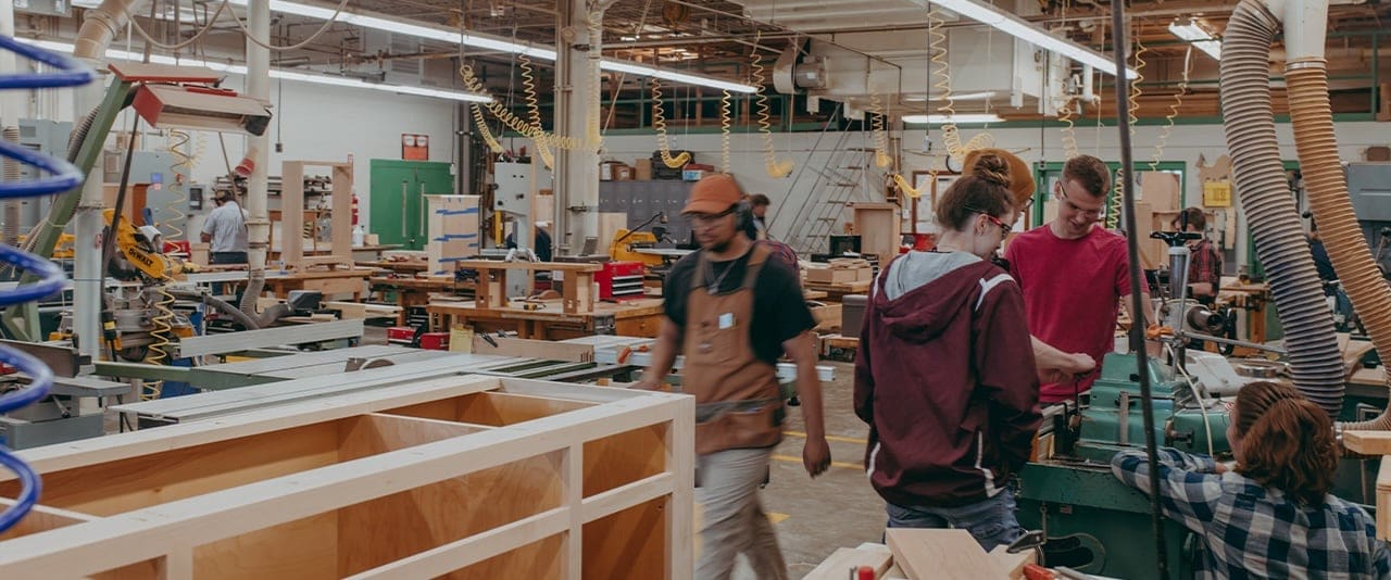TSCT Cabinetmaking & Wood Technology lab at Snyder Hall in action with students working on projects