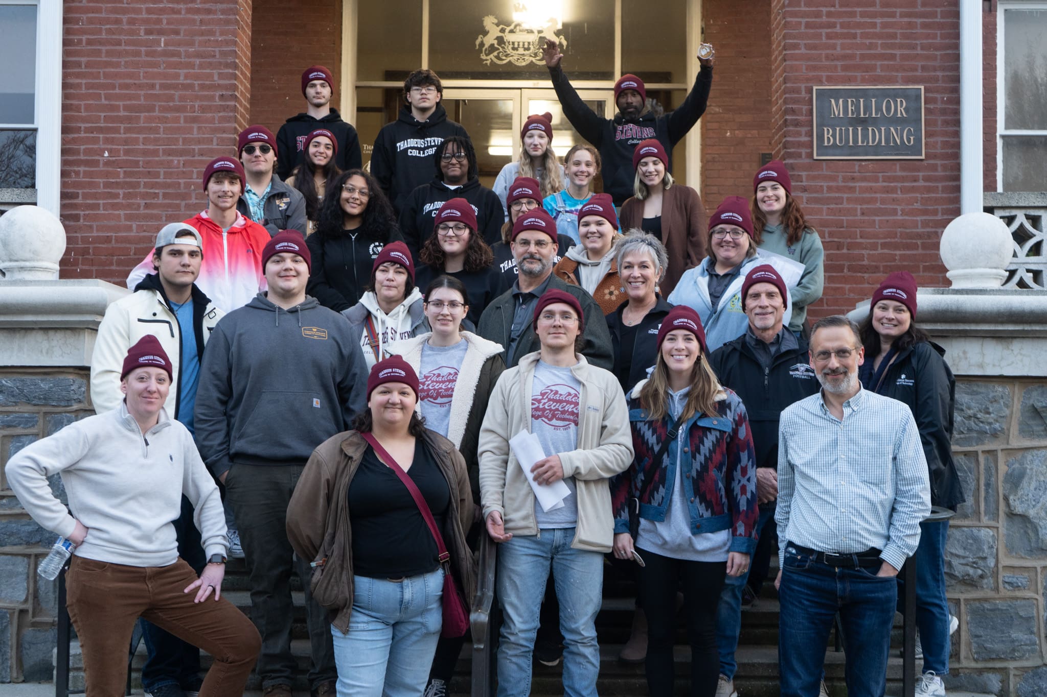 Thaddeus Stevens College of Technology students, faculty and staff pose for a photo before walking downtown and participating in Extra Give